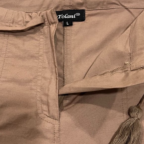 Tolani Women's Embroidered 'Gem Shorts', Zip Tie Waist, Pockets, Cotton, Tan, L - Picture 3 of 7